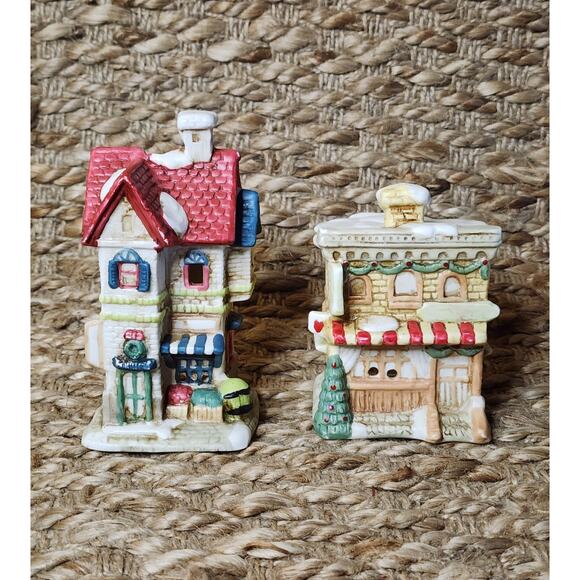 2 Vintage Mini Christmas Village Tea Lights 1990s Holiday Decor Porcelain - Picture 1 of 10